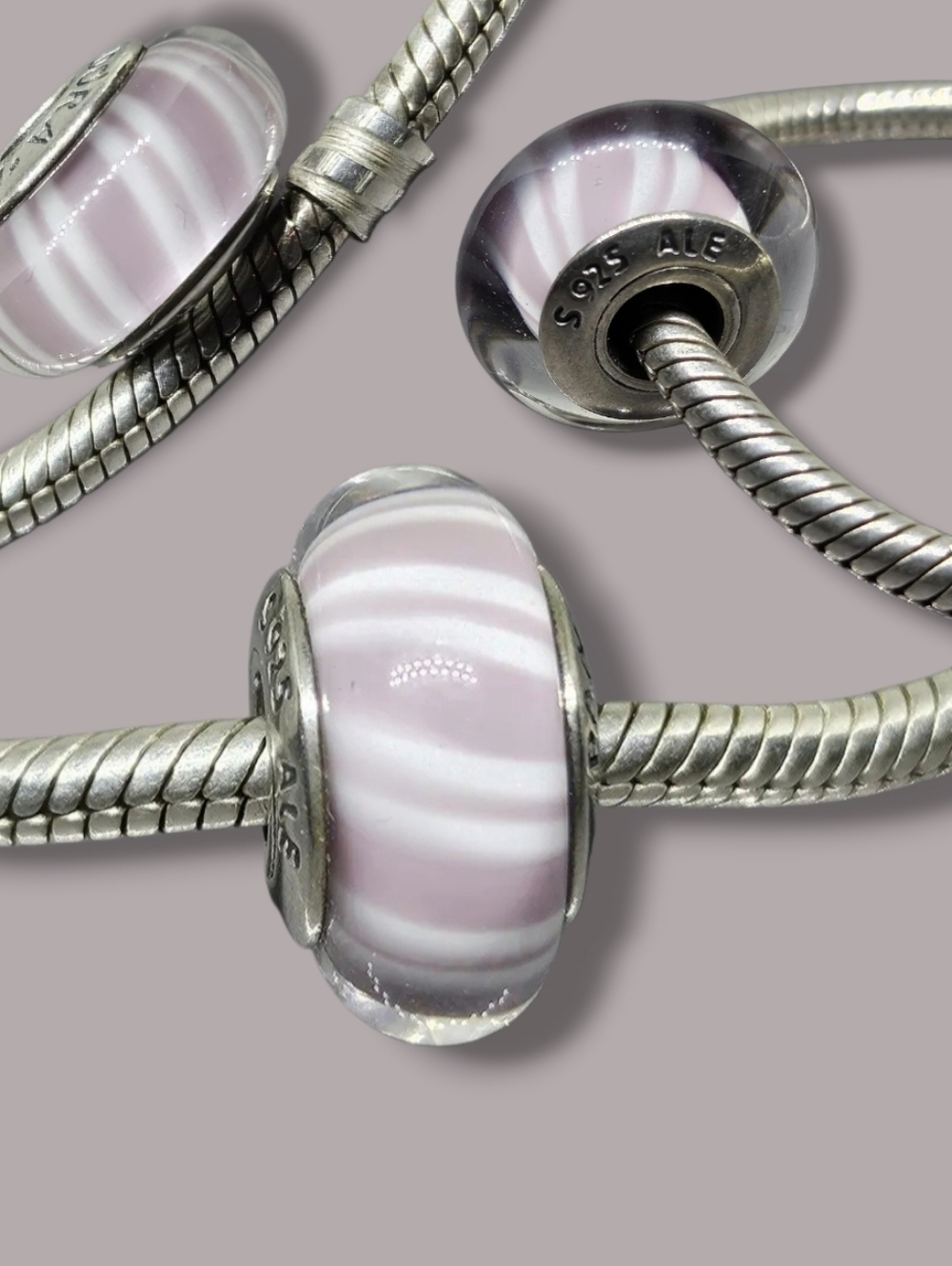 PANDORA Lavender Candy Stripes Murano Glass Sterling Silver Charm Retired
